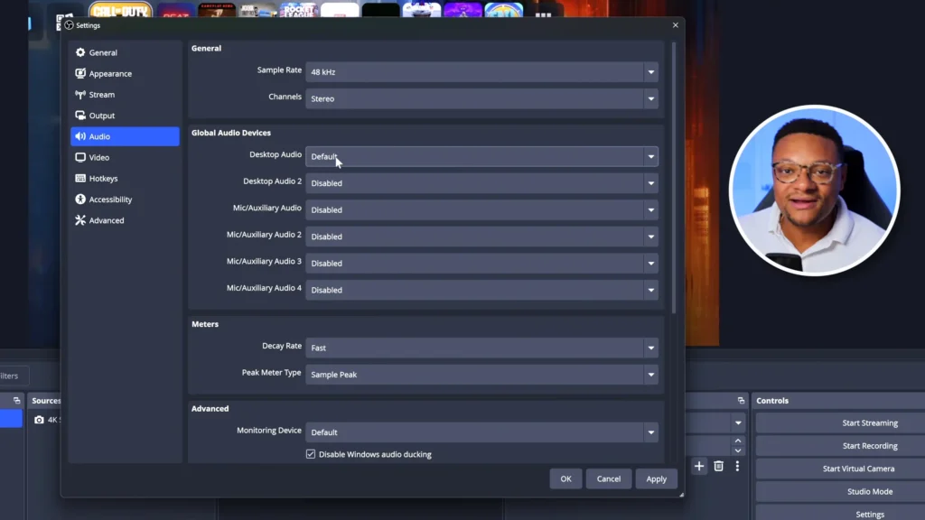 audio settings in OBS for streaming