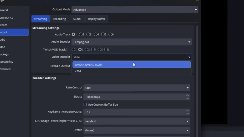 OBS encoder settings for streaming 